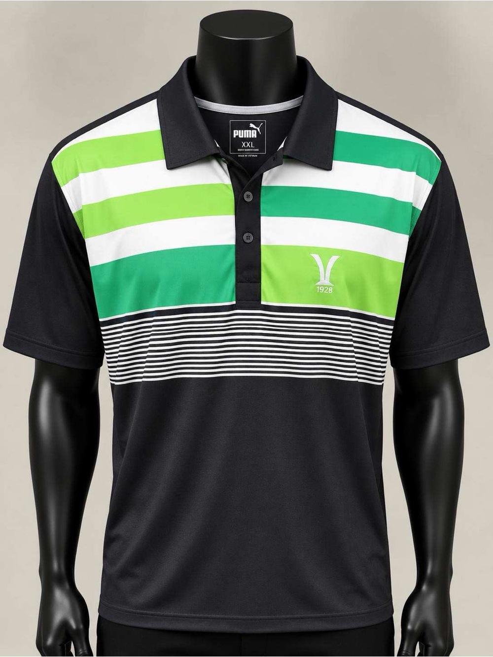 Puma Men’s Black, White & Green Striped Golf Polo